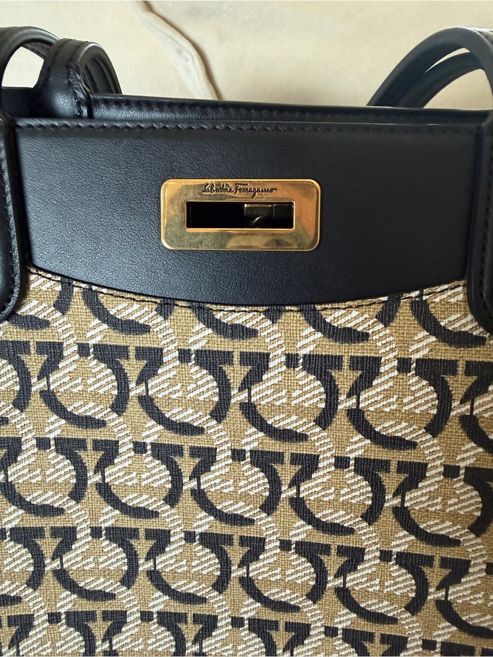 Salvatore Ferragamo Black & Beige Gancini Canvas Tote- - Picture 4 of 5